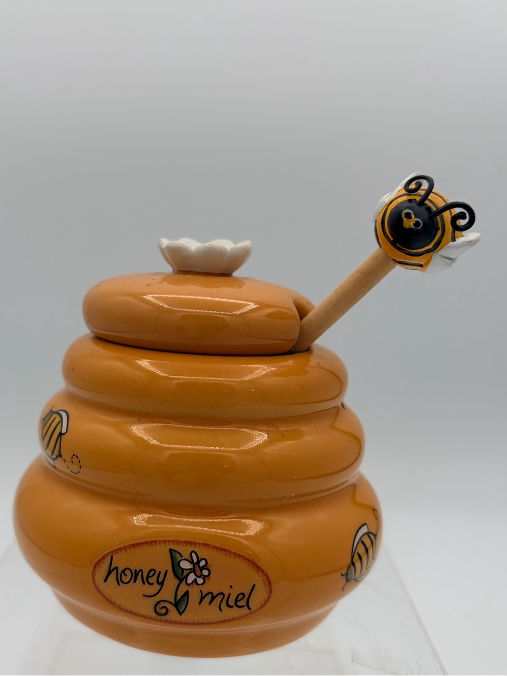 Honey Miel Ceramic Beehive Mini Honey Pot & Wooden Dipper Set